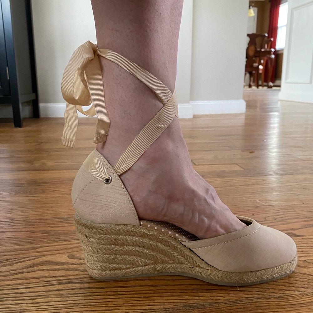 Fabric ankle-wrap espadrille wedges